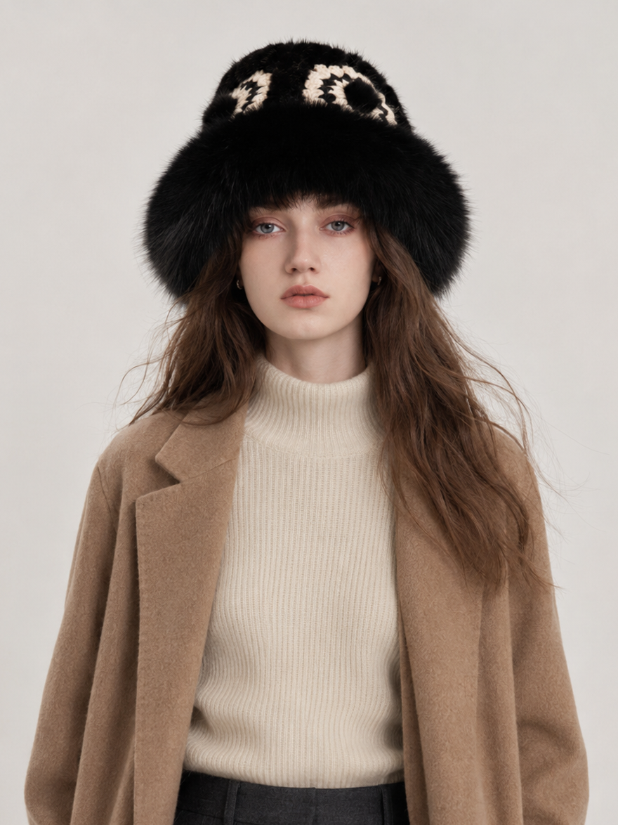 Ethnic style mink warm ear protection fox fur bucket hat