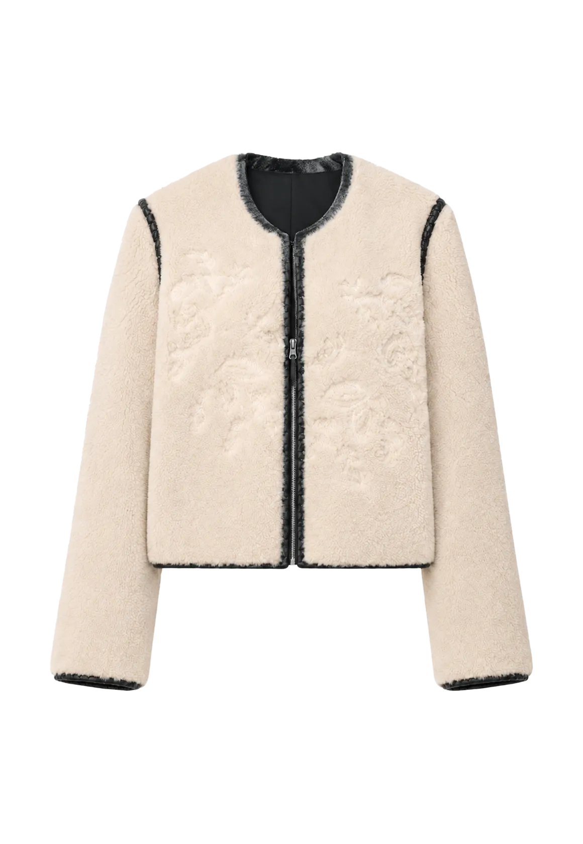 "FF×JW Muse Project" embroidered round neck short merino wool sheepskin fur coat