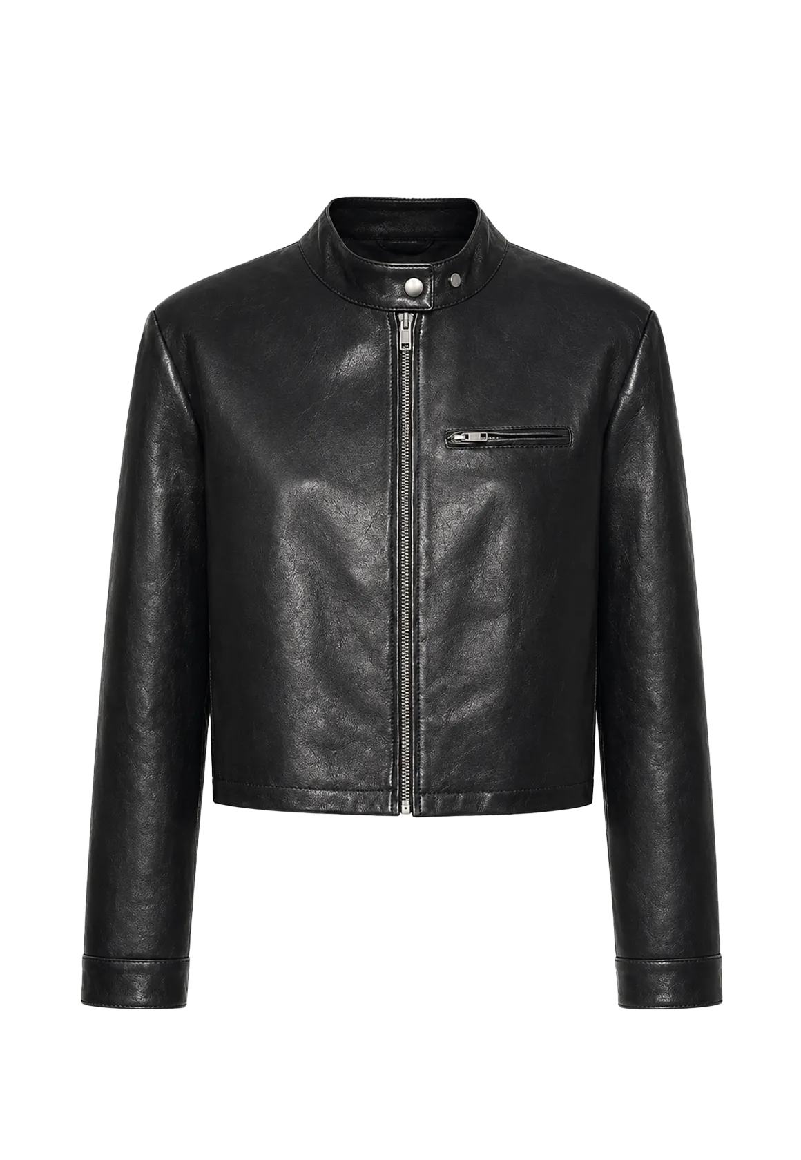 Firelady Fur Punk Party black oil-waxed goatskin leather moto jacket product cutout
