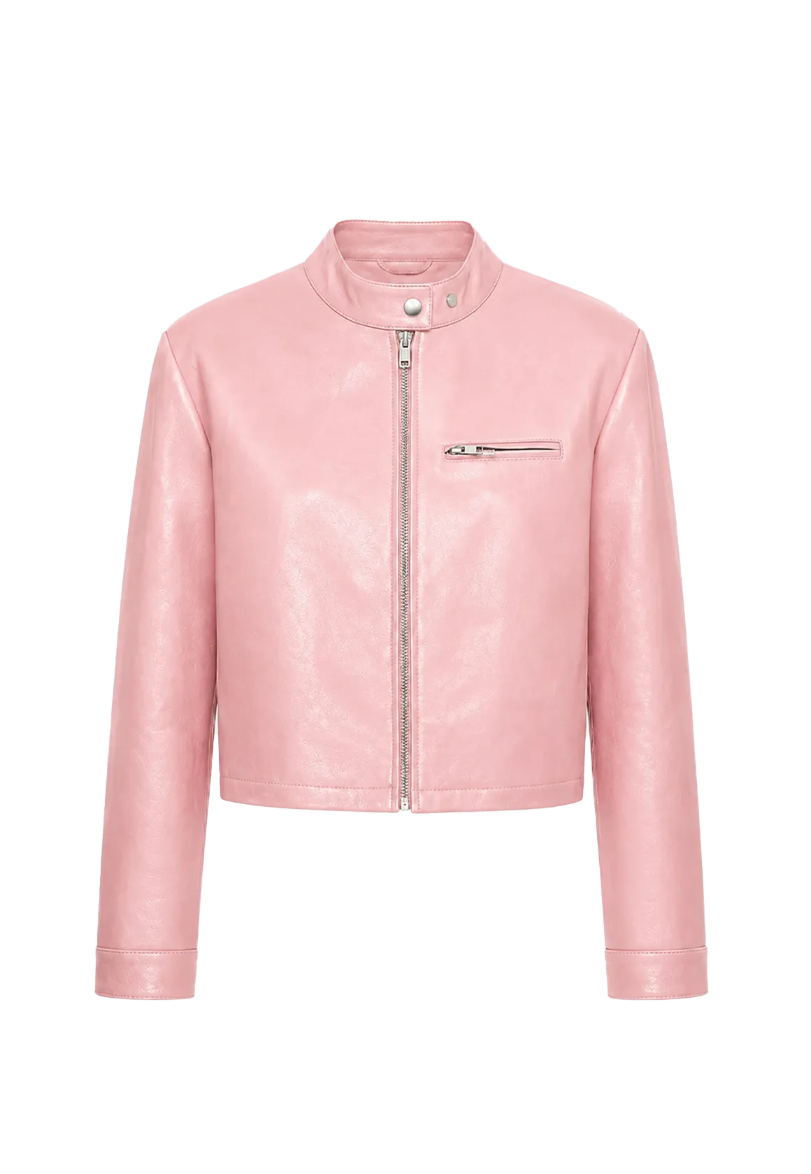 Firelady Fur Punk Party cropped stand collar leather moto jacket pink product cutout