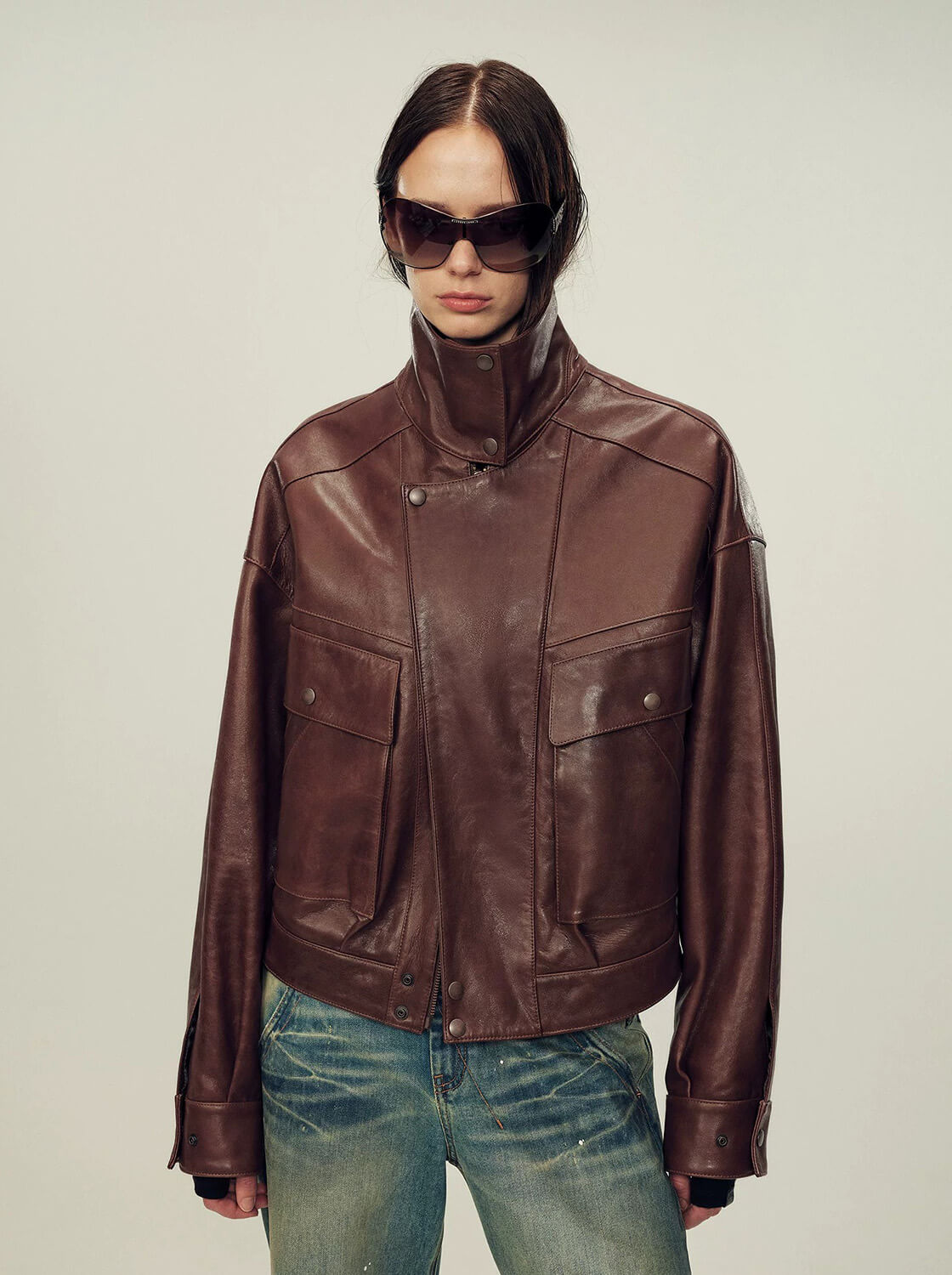 Firelady Fur Lambskin Leather Jacket – Vintage Vegetable-Tanned Funnel Neck "New York Twilight"
