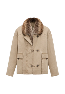 Firelady Fur Hearthside Simmer goose down parka with detachable raccoon fur hood, front view