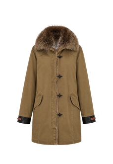 Firelady Fur Hearthside Simmer detachable raccoon fur hood parka detail and styling view