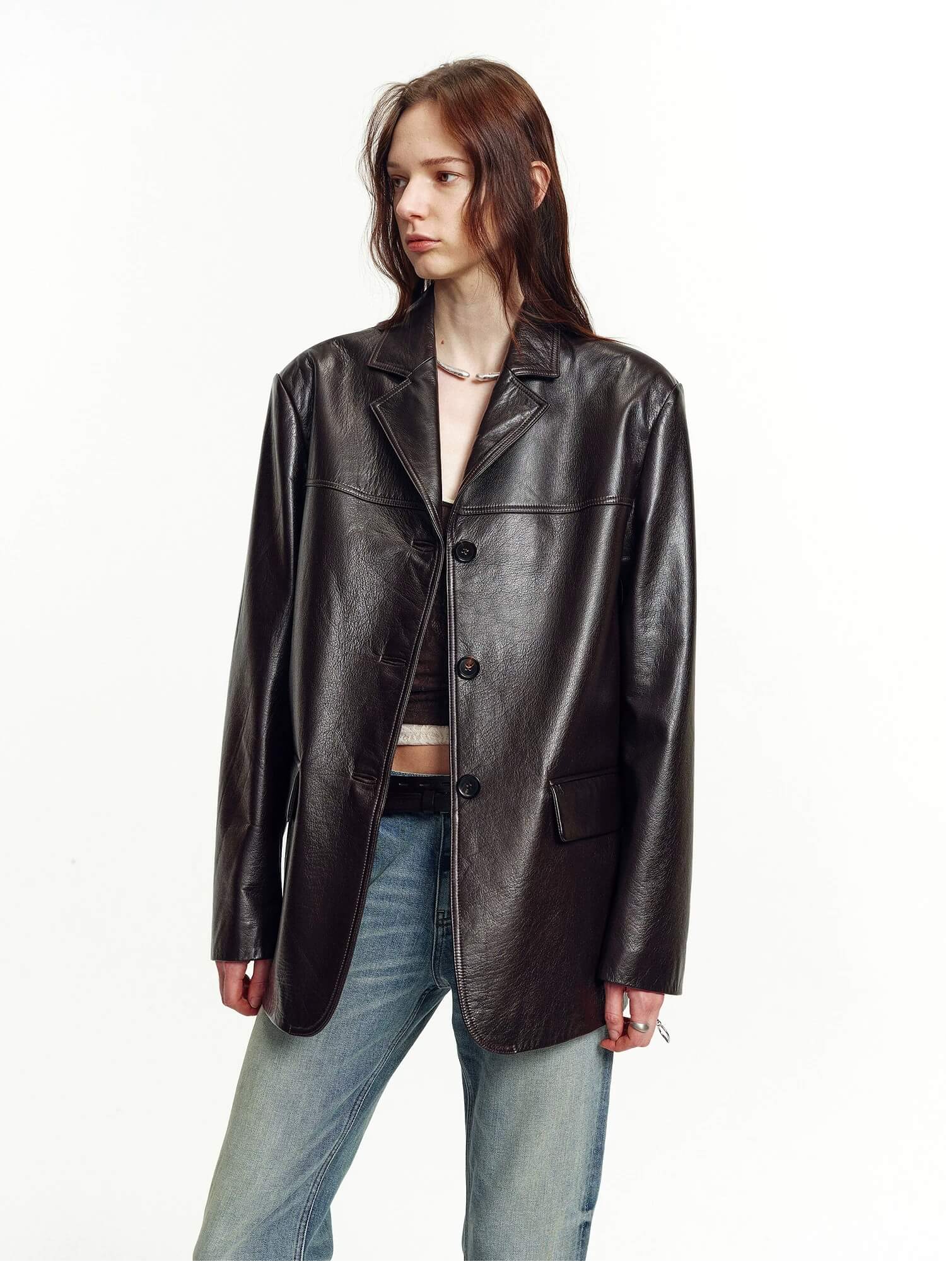 Firelady Fur Women's Lightweight Spray-Finish Sheepskin Blazer, Vintage Relaxed Fit Leather Jacket