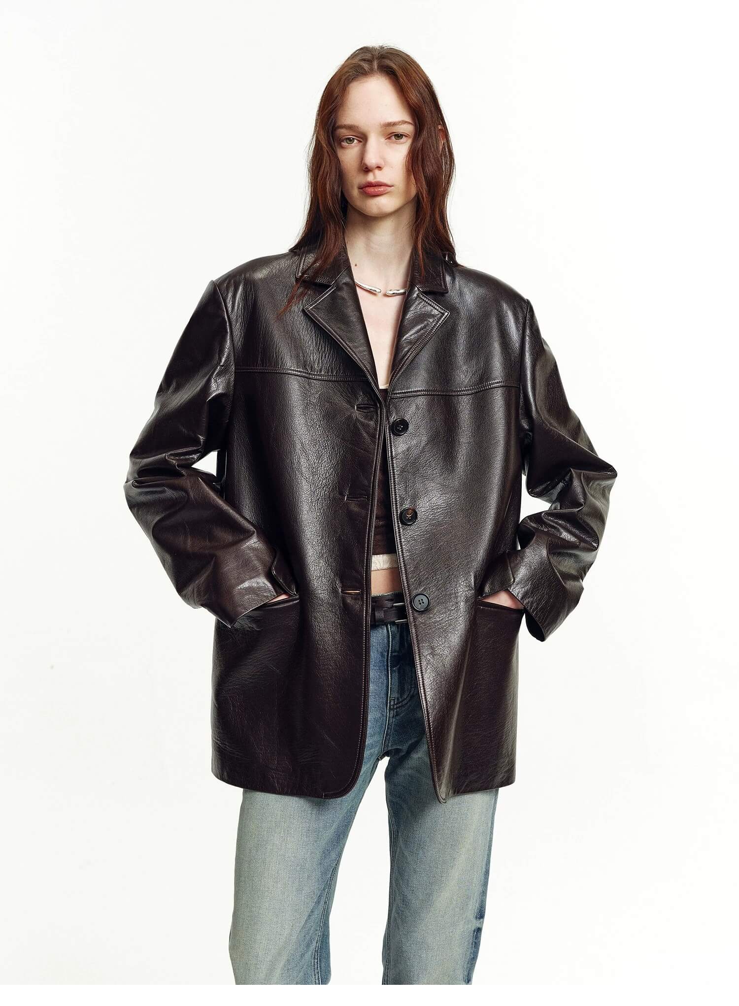 Firelady Fur Women's Lightweight Spray-Finish Sheepskin Blazer, Vintage Relaxed Fit Leather Jacket