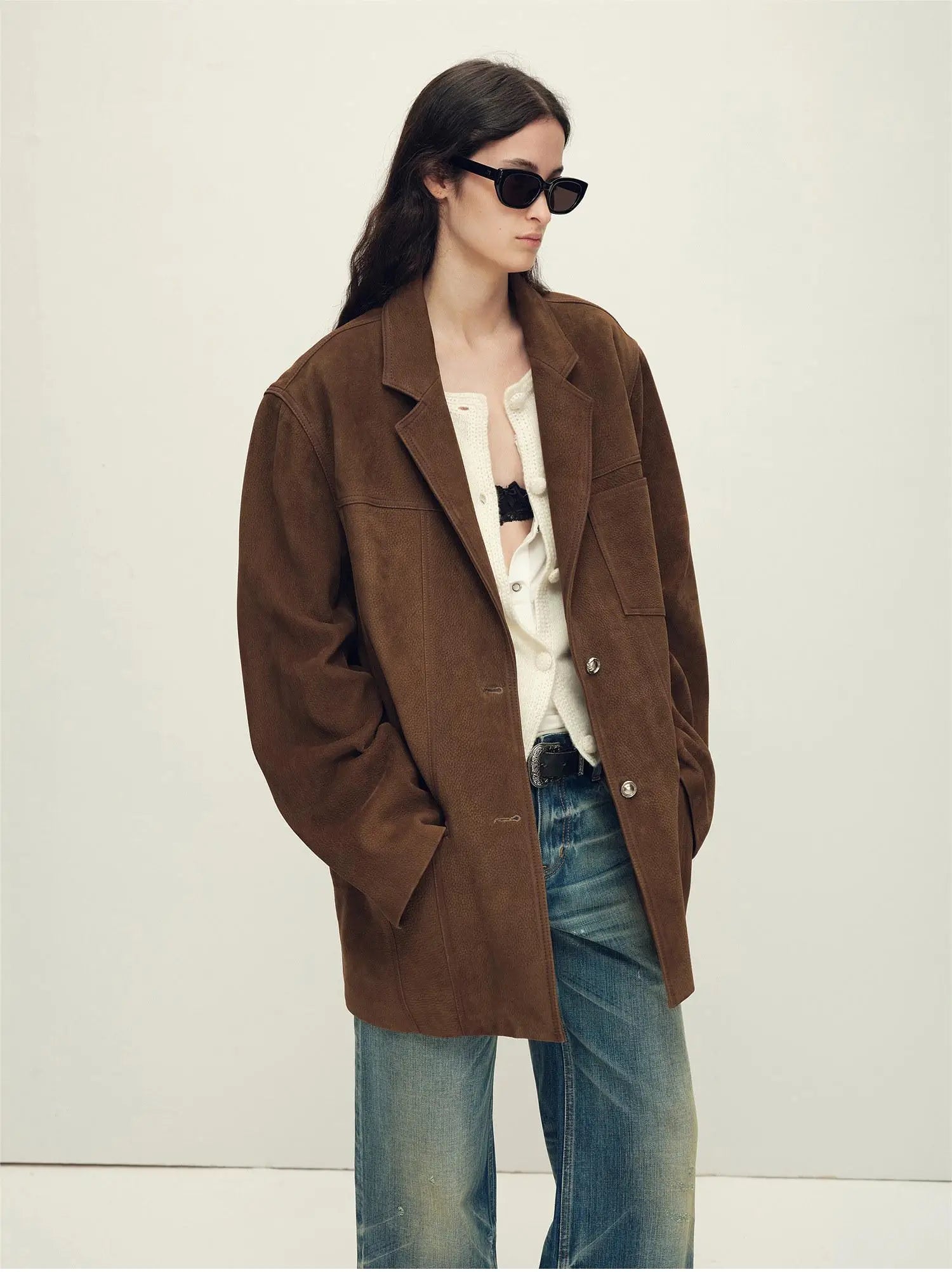 Firelady Fur Women’s Oversized Suede Blazer – Sheepskin Leather, Relaxed Fit, Lapel Colla