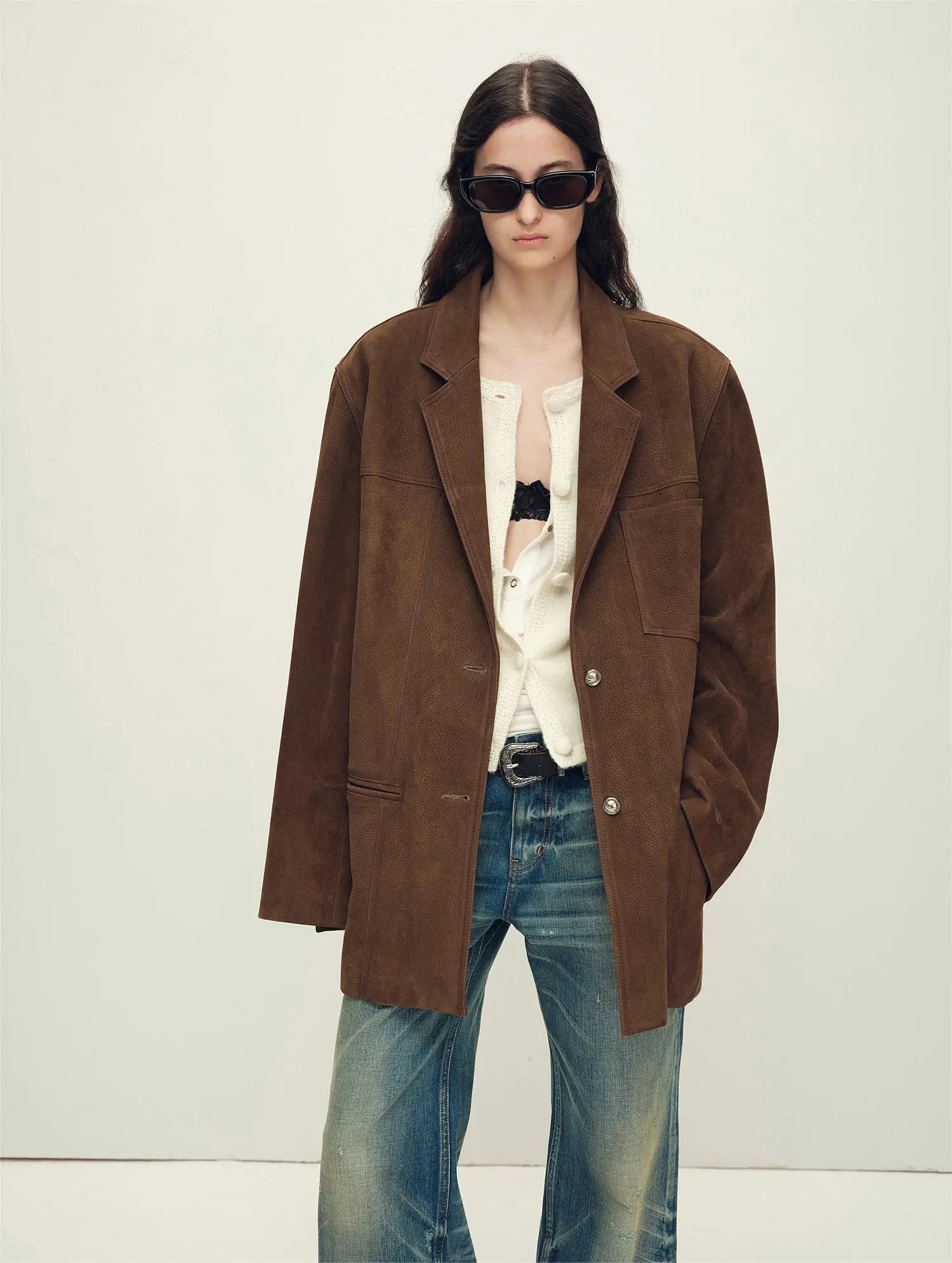 Firelady Fur Women’s Oversized Suede Blazer – Sheepskin Leather, Relaxed Fit, Lapel Colla