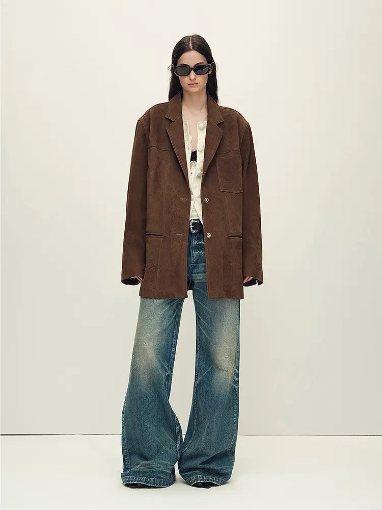 Firelady Fur Women’s Oversized Suede Blazer – Sheepskin Leather, Relaxed Fit, Lapel Colla