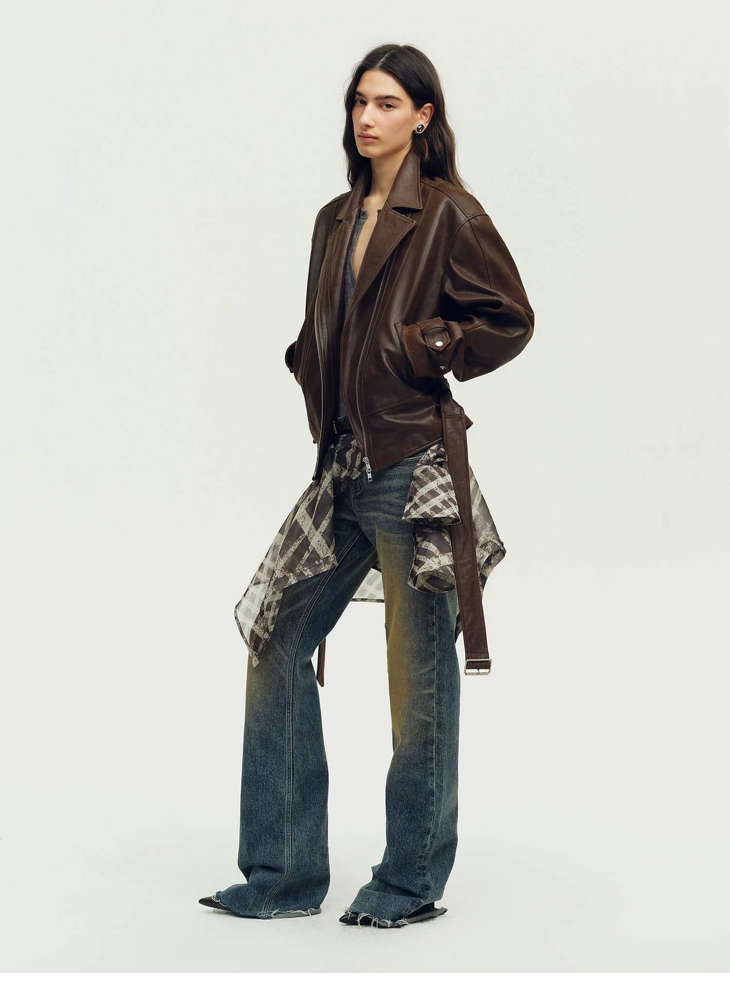 Firelady Fur Women's Vintage Light Waxed Sheepskin Moto Jacket | Adjustable Waist Biker Coat