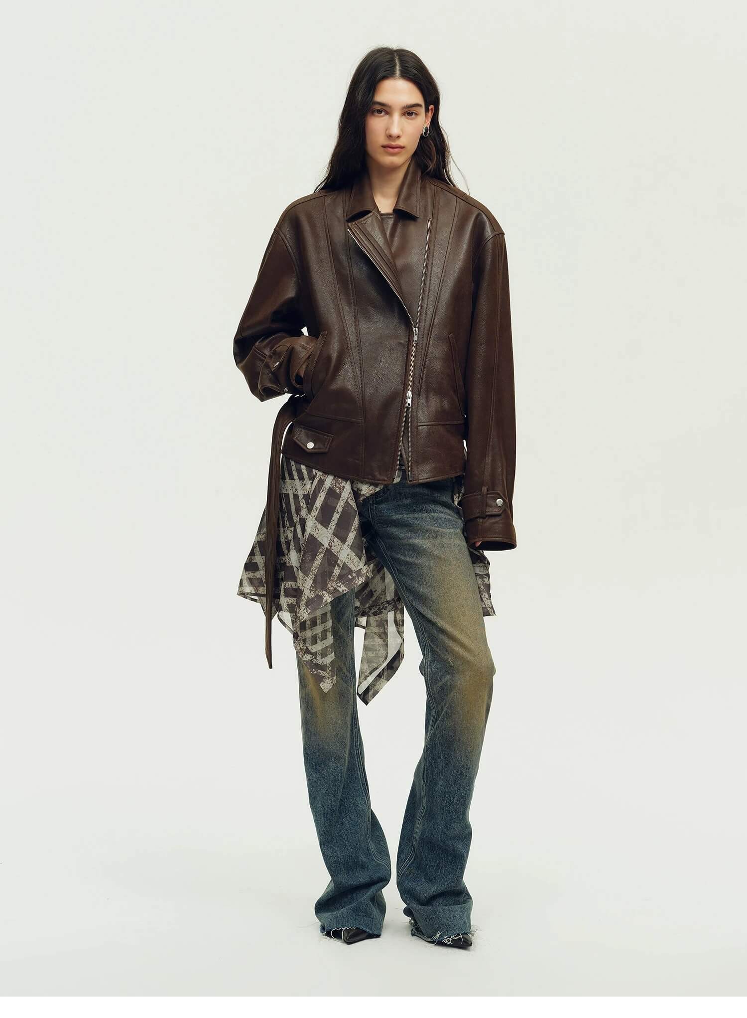 Firelady Fur Women's Vintage Light Waxed Sheepskin Moto Jacket | Adjustable Waist Biker Coat