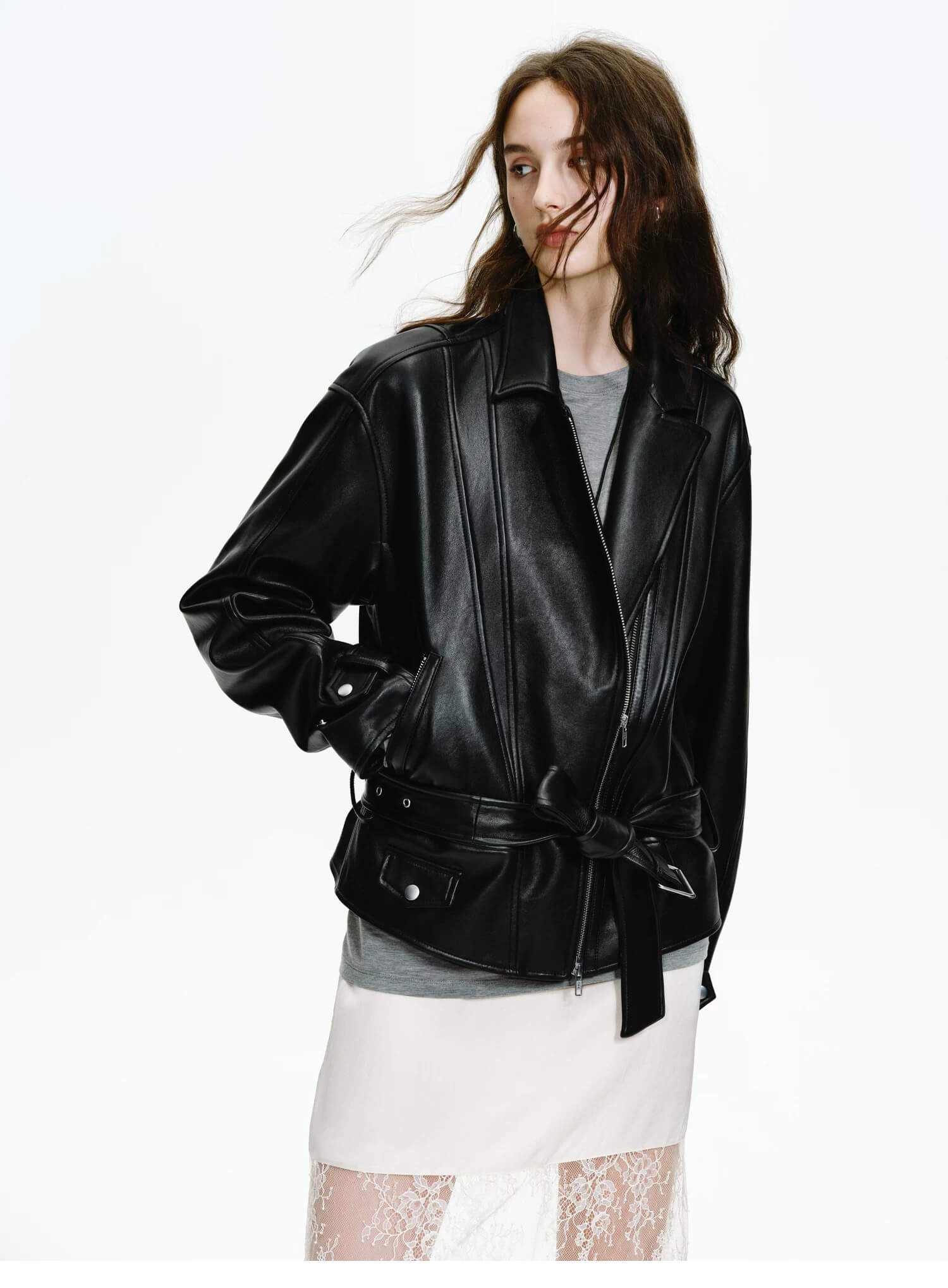 Firelady Fur Women's Vintage Light Waxed Sheepskin Moto Jacket | Adjustable Waist Biker Coat