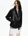Firelady Fur Women's Vintage Light Waxed Sheepskin Moto Jacket | Adjustable Waist Biker Coat