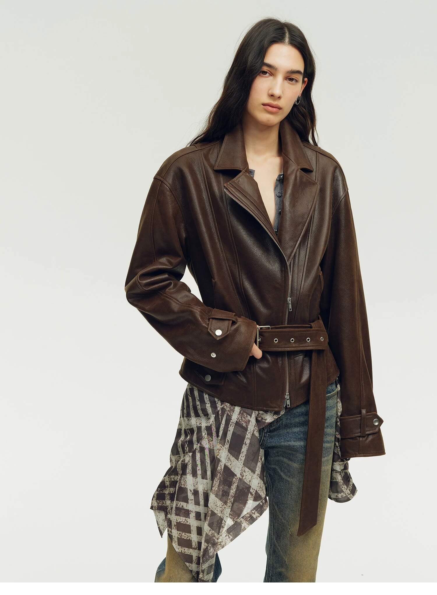 Firelady Fur Women's Vintage Light Waxed Sheepskin Moto Jacket | Adjustable Waist Biker Coat