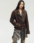 Firelady Fur Women's Vintage Light Waxed Sheepskin Moto Jacket | Adjustable Waist Biker Coat