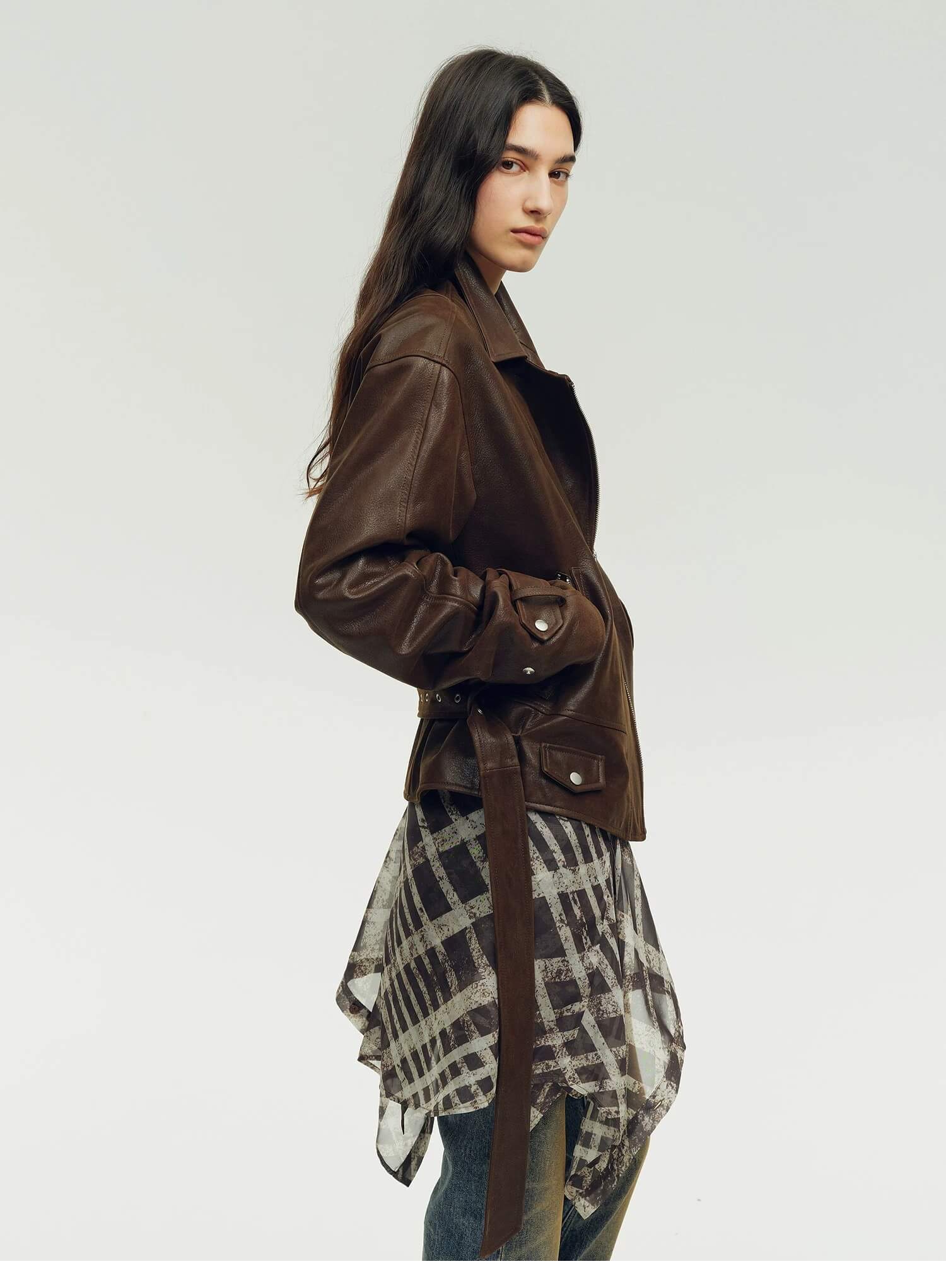 Firelady Fur Women's Vintage Light Waxed Sheepskin Moto Jacket | Adjustable Waist Biker Coat