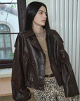 Firelady Fur Women‘s Vintage Waxed Lambskin Trench Style Bomber Leather Jacket “Fashion Boundaries”