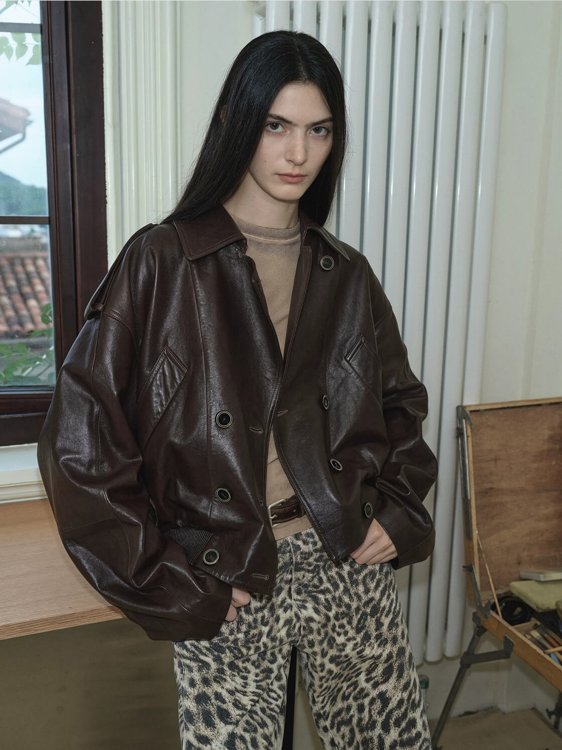 Firelady Fur Women‘s Vintage Waxed Lambskin Trench Style Bomber Leather Jacket “Fashion Boundaries”