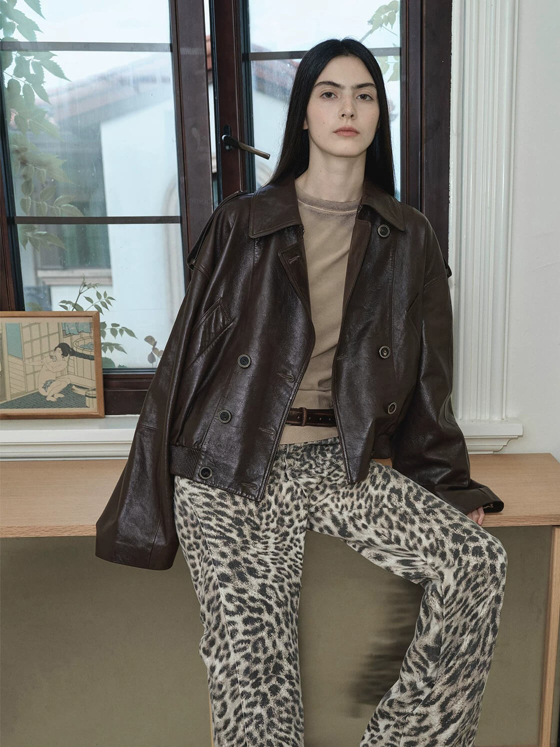 Firelady Fur Women‘s Vintage Waxed Lambskin Trench Style Bomber Leather Jacket “Fashion Boundaries”
