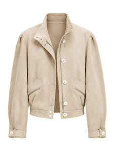 Firelady Fur Women's Suede & Oil-Wax Sheepskin Cropped Jacket – Puff-Sleeve Stand-Collar Design with Dual-Material Panels