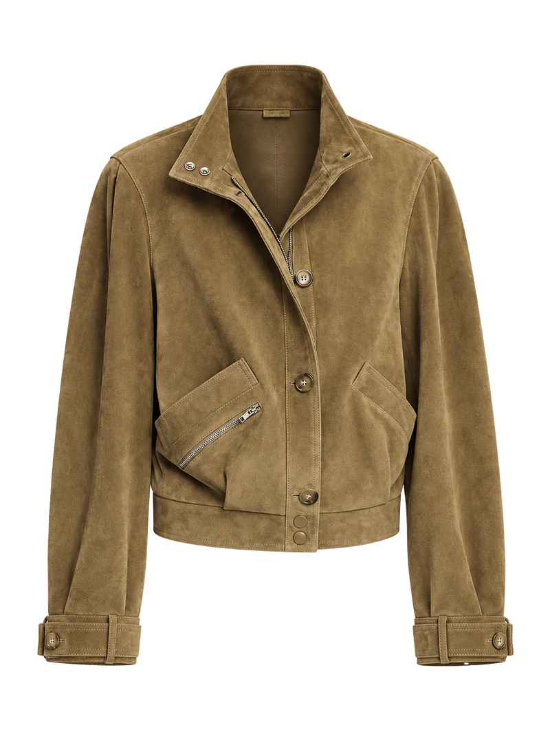 Firelady Fur Women's Suede & Oil-Wax Sheepskin Cropped Jacket – Puff-Sleeve Stand-Collar Design with Dual-Material Panels