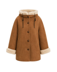 Fireladyfur Women's Faux Leather Shearling Jacket - Short Hooded Reversible Winter Coat Danish Style