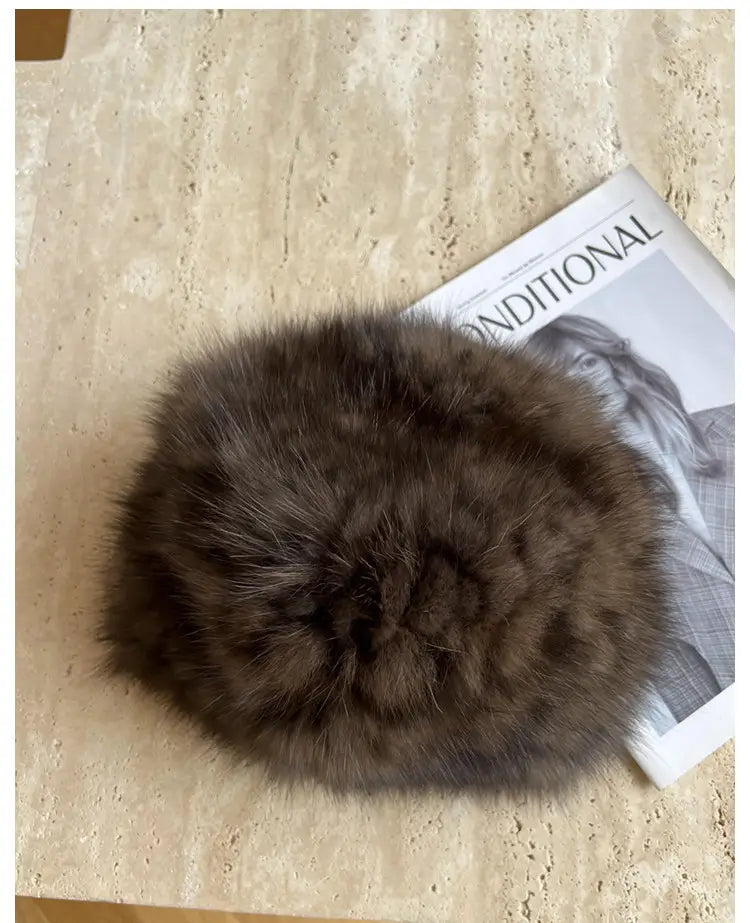 Fireladyfur Women's Reversible Genuine Mink Fur Knit Winter Hat
