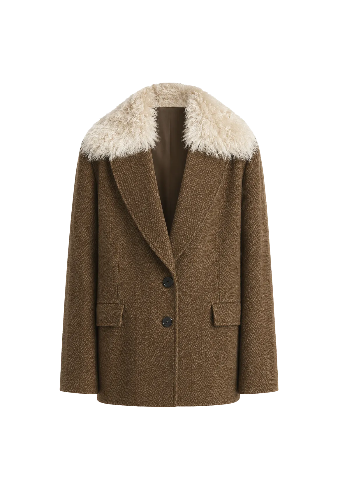 Fireladyfur Wool Tweed Coat with Detachable Fur Collar"Vertical Texture"