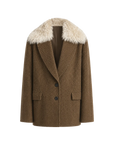 Fireladyfur Wool Tweed Coat with Detachable Fur Collar"Vertical Texture"