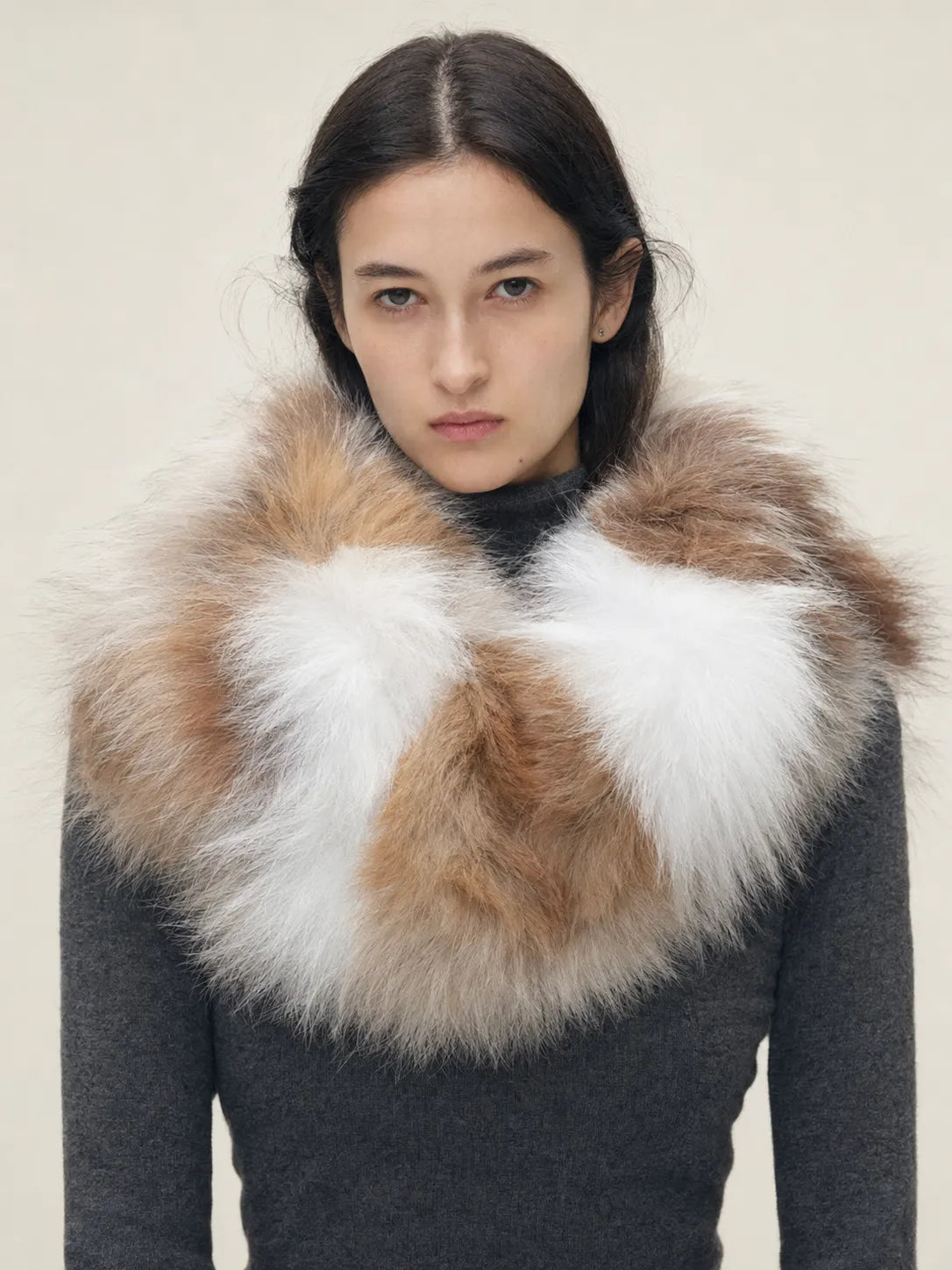 Woman wearing a multicolor fox fur pullover neck scarf - Fireladyfur