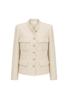 Heavy wool blend tweed stand collar waist cropped coat