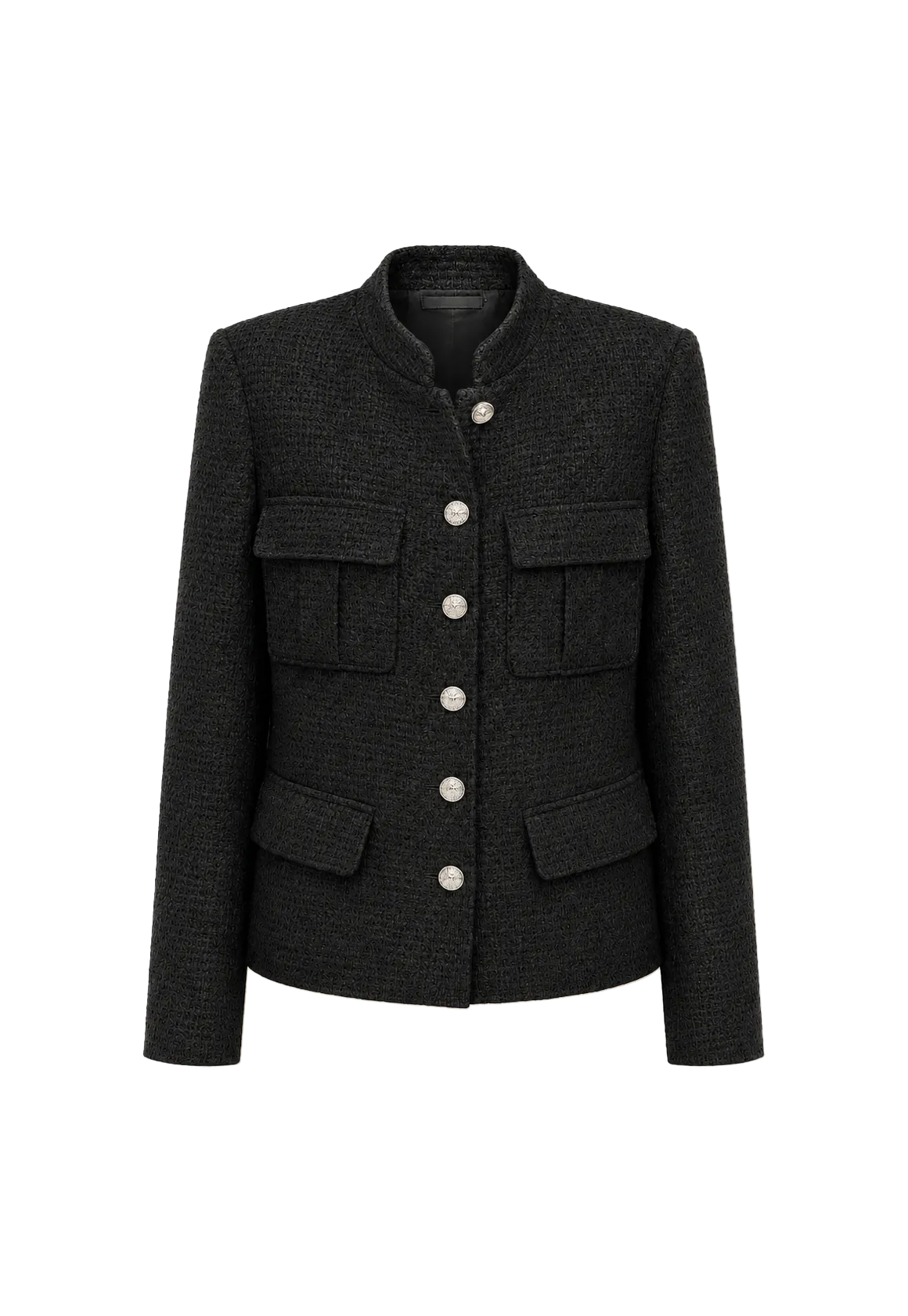 Heavy wool blend tweed stand collar waist cropped coat