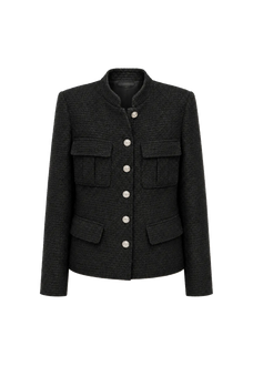 Heavy wool blend tweed stand collar waist cropped coat