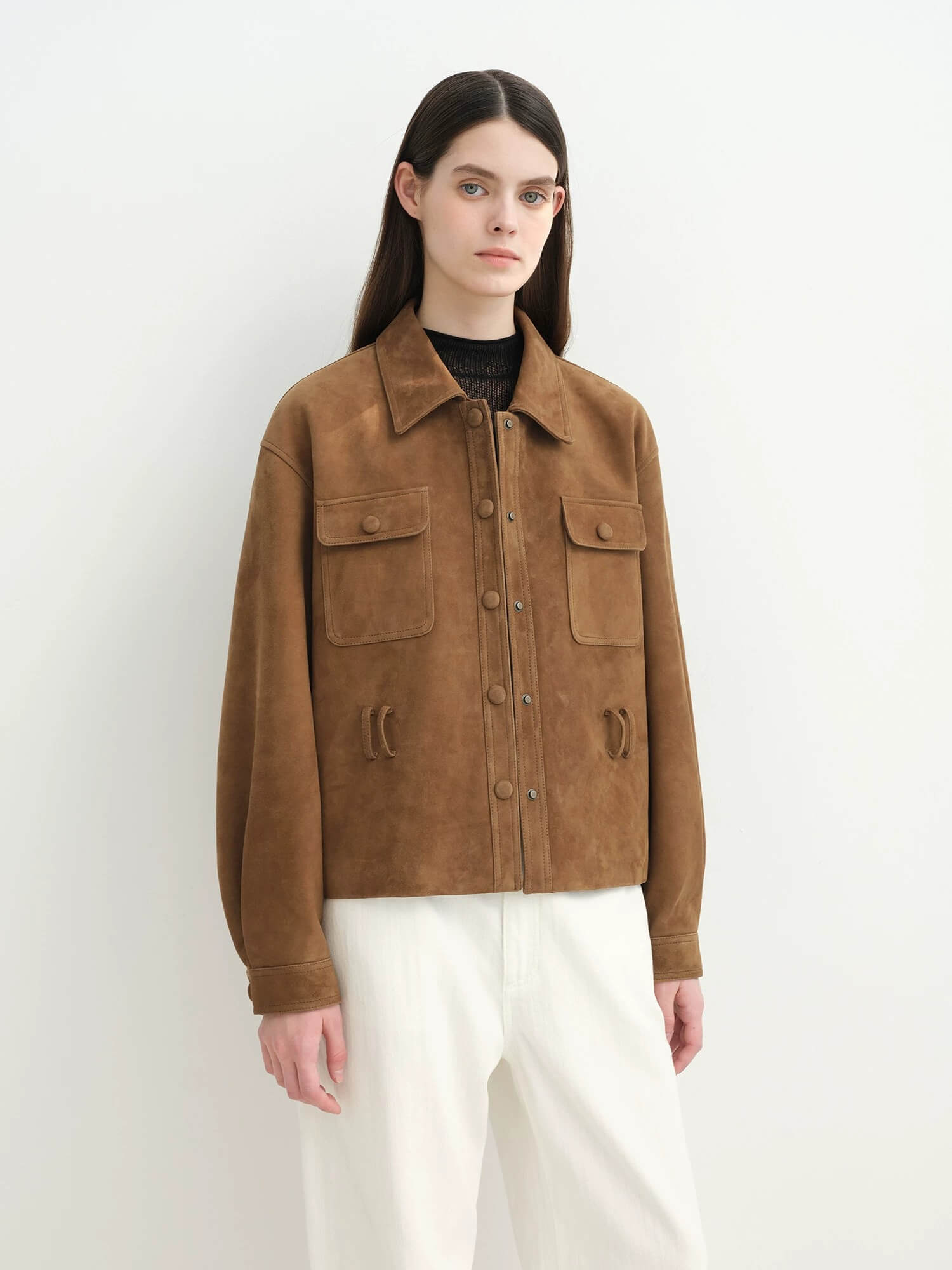 Letrans Women’s Cropped Suede Safari Jacket with Belt, Top-Grain Lambskin“Twilight Knight“