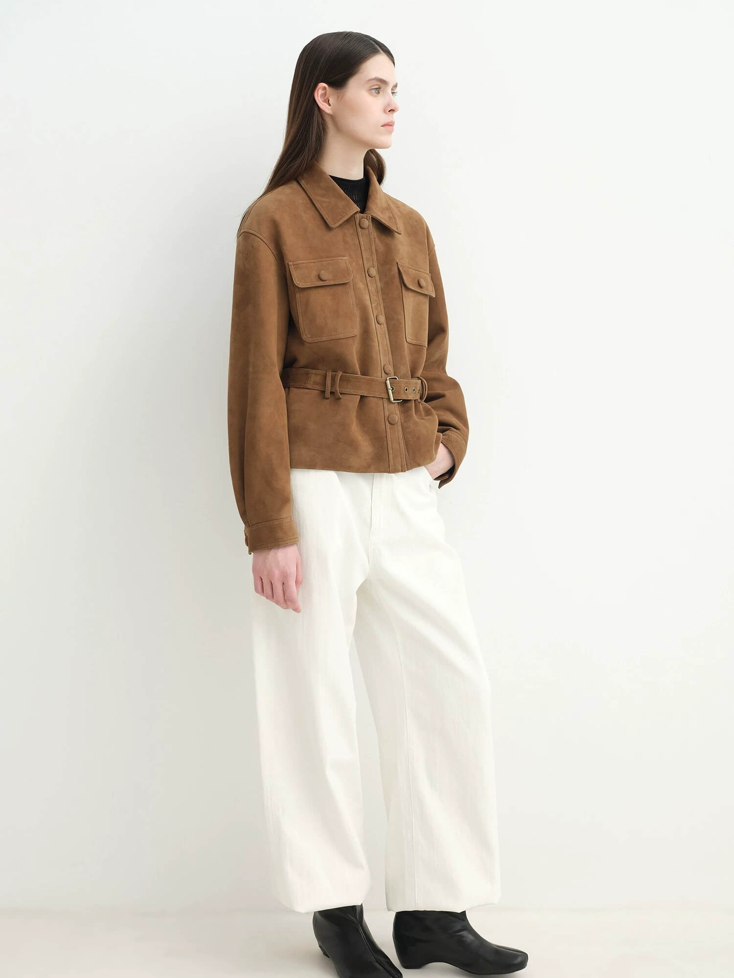 Letrans Women’s Cropped Suede Safari Jacket with Belt, Top-Grain Lambskin“Twilight Knight“