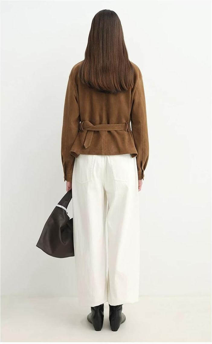 Letrans Women’s Cropped Suede Safari Jacket with Belt, Top-Grain Lambskin“Twilight Knight“