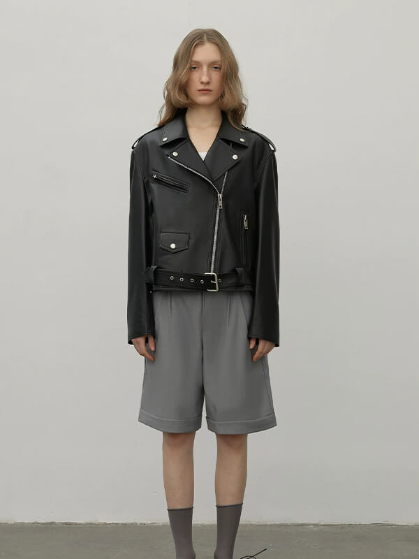 Letrans Women's Lambskin Leather Biker Jacket Cropped Retro Moto Style "Murasaki River"