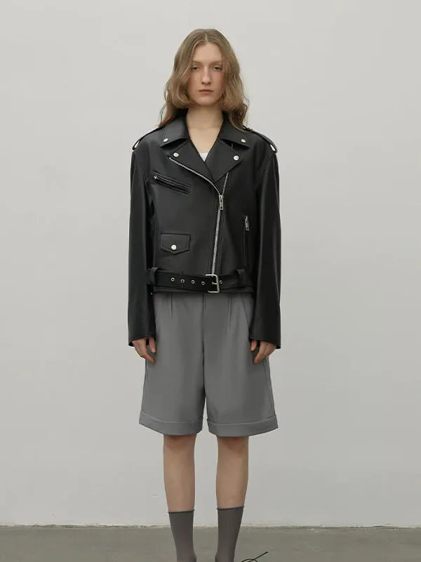 Letrans Women's Lambskin Leather Biker Jacket Cropped Retro Moto Style "Murasaki River"