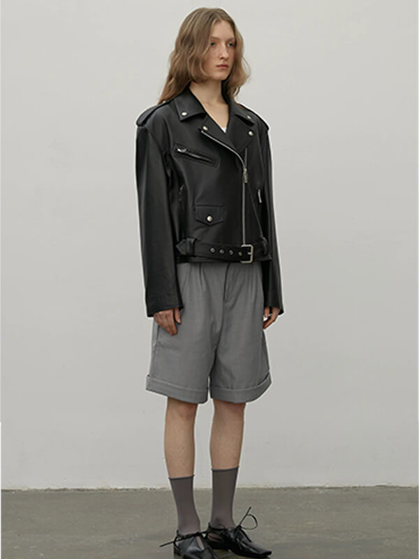 Letrans Women's Lambskin Leather Biker Jacket Cropped Retro Moto Style "Murasaki River"