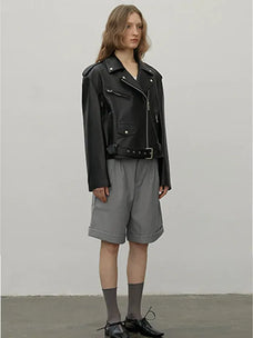 Letrans Women's Lambskin Leather Biker Jacket Cropped Retro Moto Style "Murasaki River"