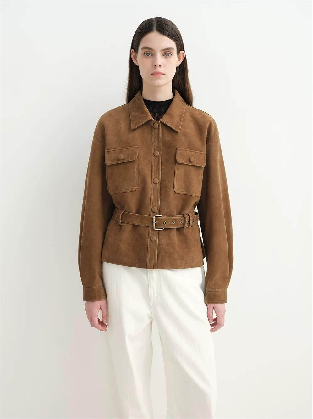 Letrans Women’s Cropped Suede Safari Jacket with Belt, Top-Grain Lambskin“Twilight Knight“