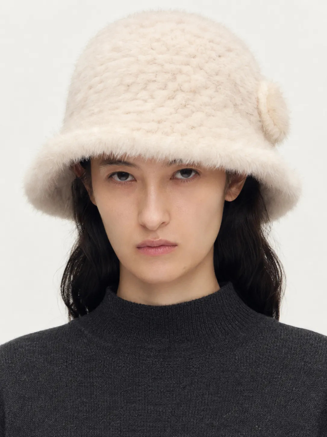Mink Woven Fur Hat Women's Camellia Flower Bucket Hat