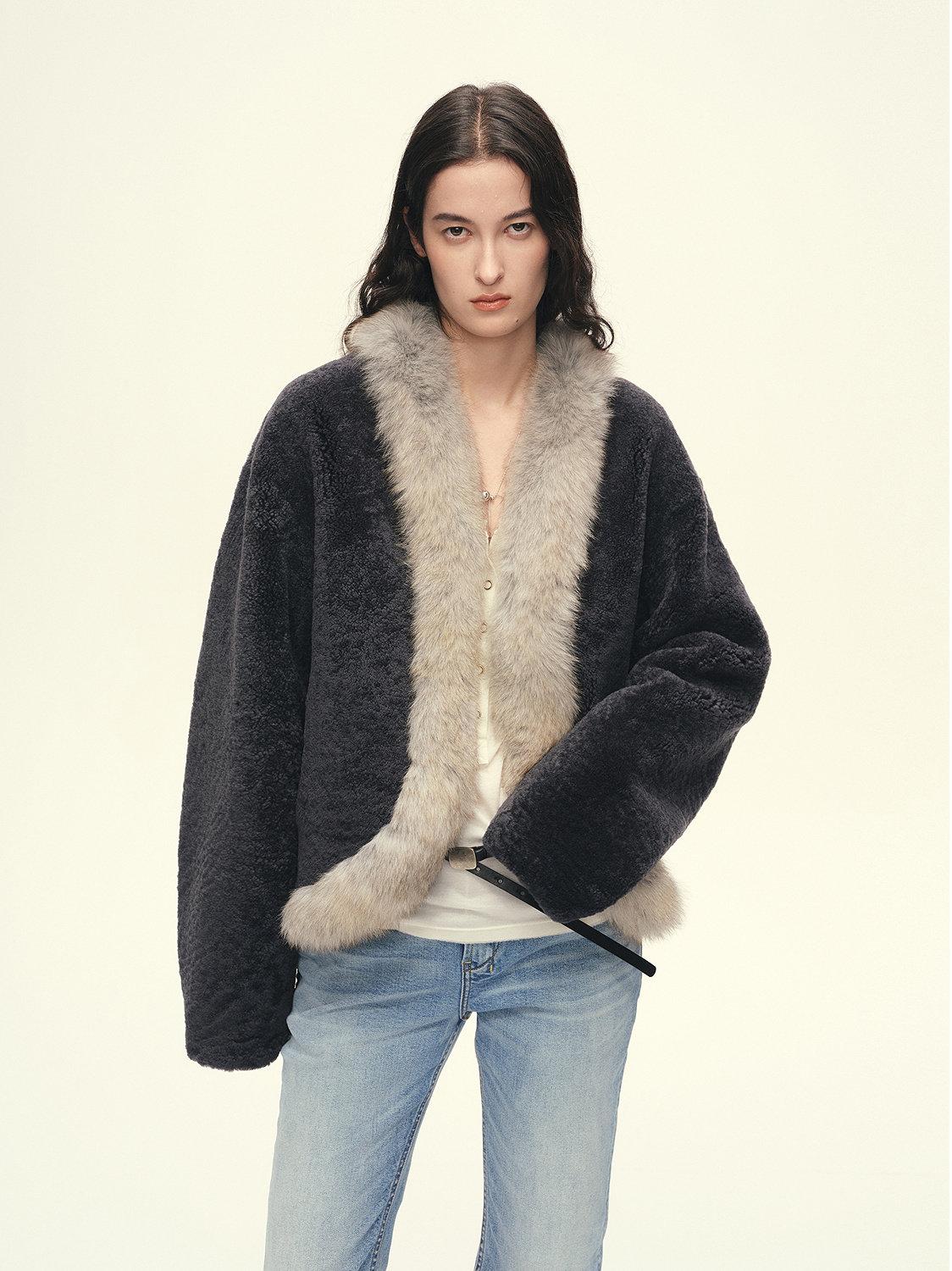 Firelady Fur Women's South African Merino Shearling Coat – Ombré Fox Fur Collar & Placket