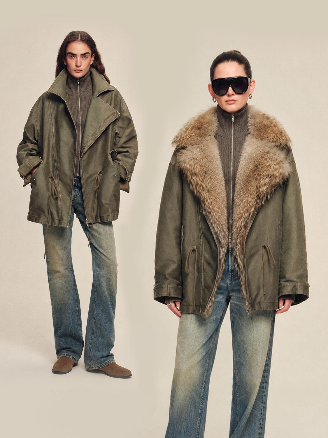 Firelady Wilderness Parka green winter coat with two-tone Toscana coyote fur collar