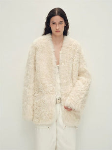 "Castle Dusk" V-neck Italian imported Tuscan curly wool sheepskin fur coat winter