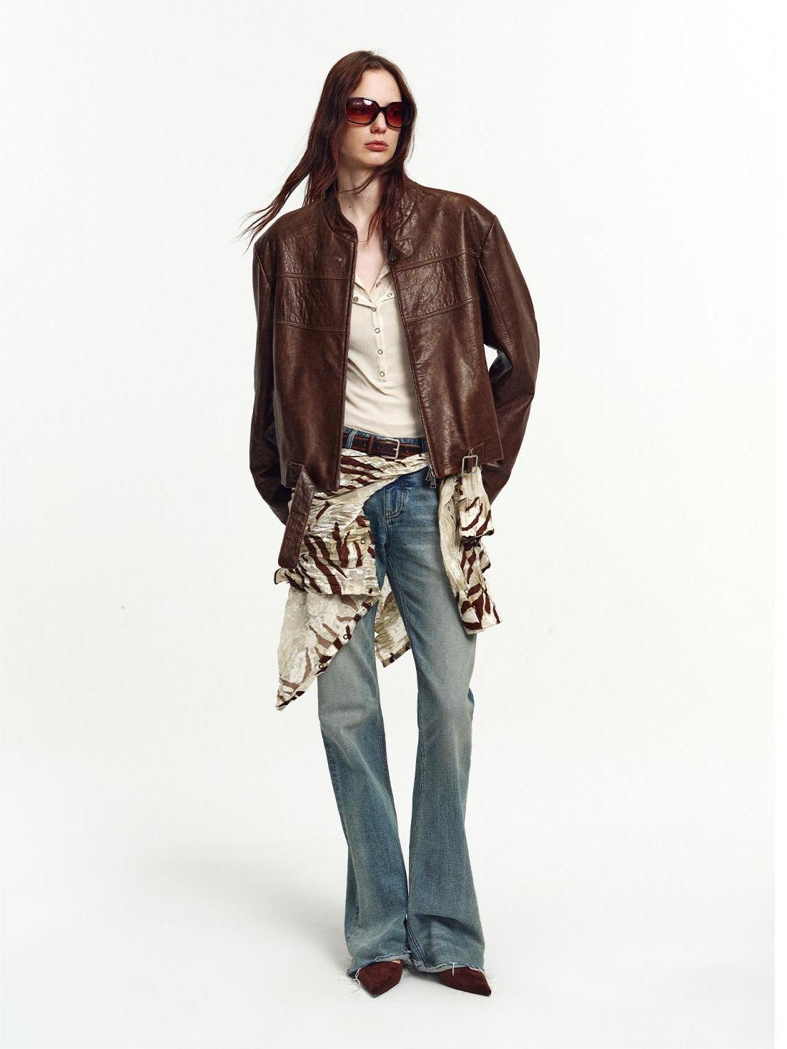 Retro Sheepskin Stand Collar Short Motorcycle Jacket “Caramel Mountain”