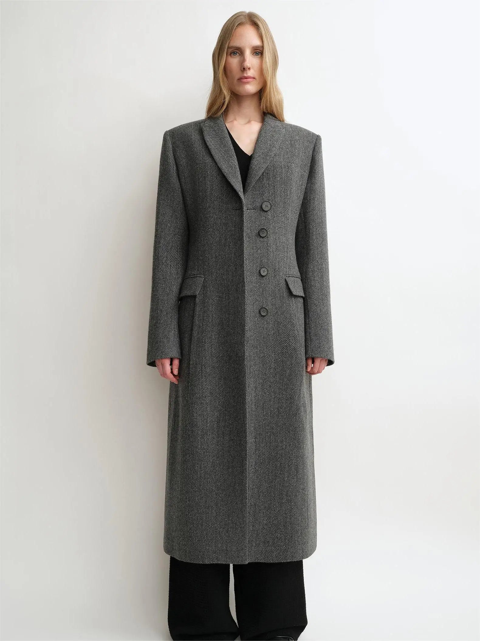 THE ARTM Women's 100% Wool Peak Lapel Belted Long Coat "London Line"