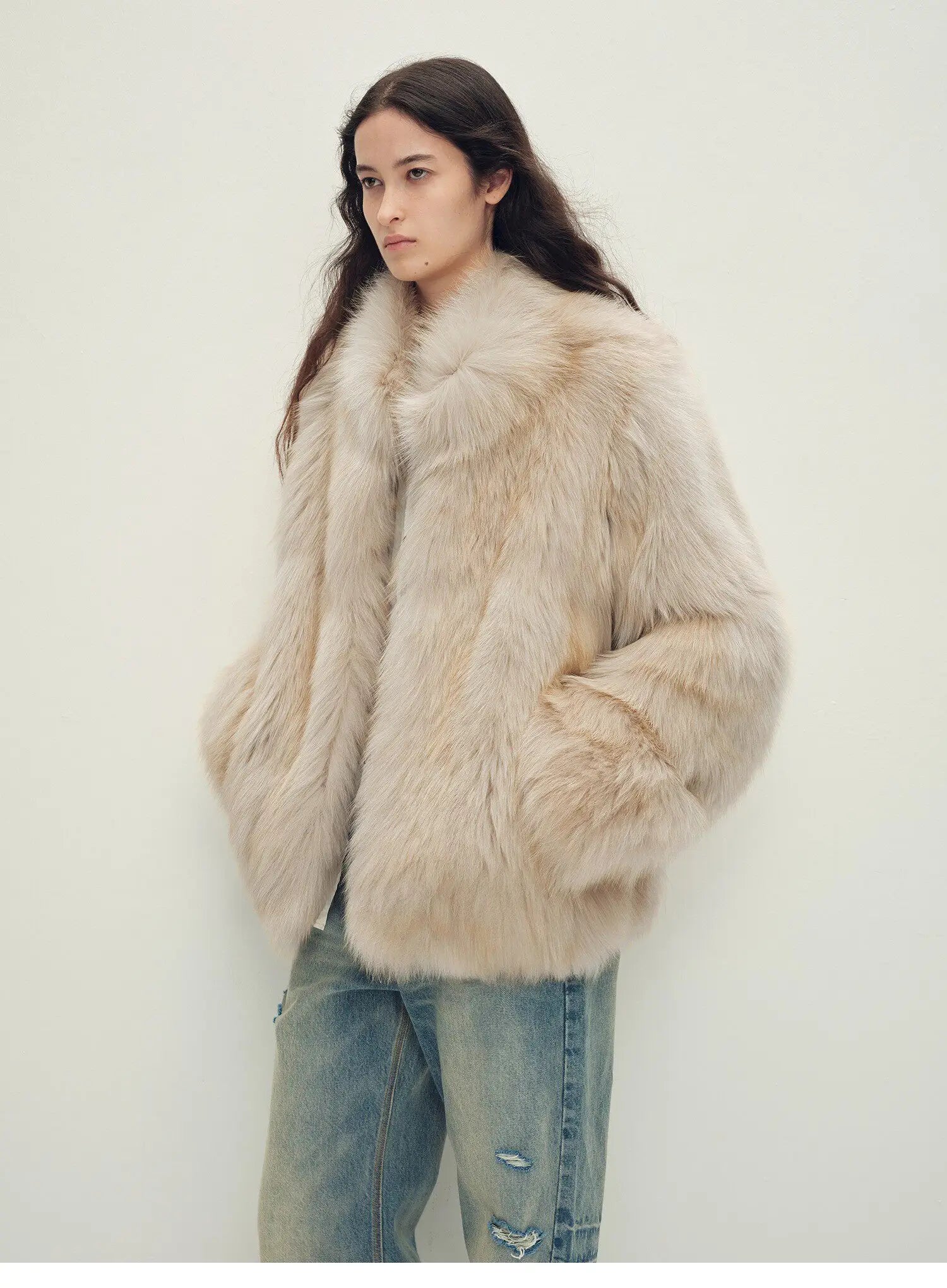 Polar Snow Casual Handmade Swoosh Printed Stand Up Lapel Fox Fur Coat