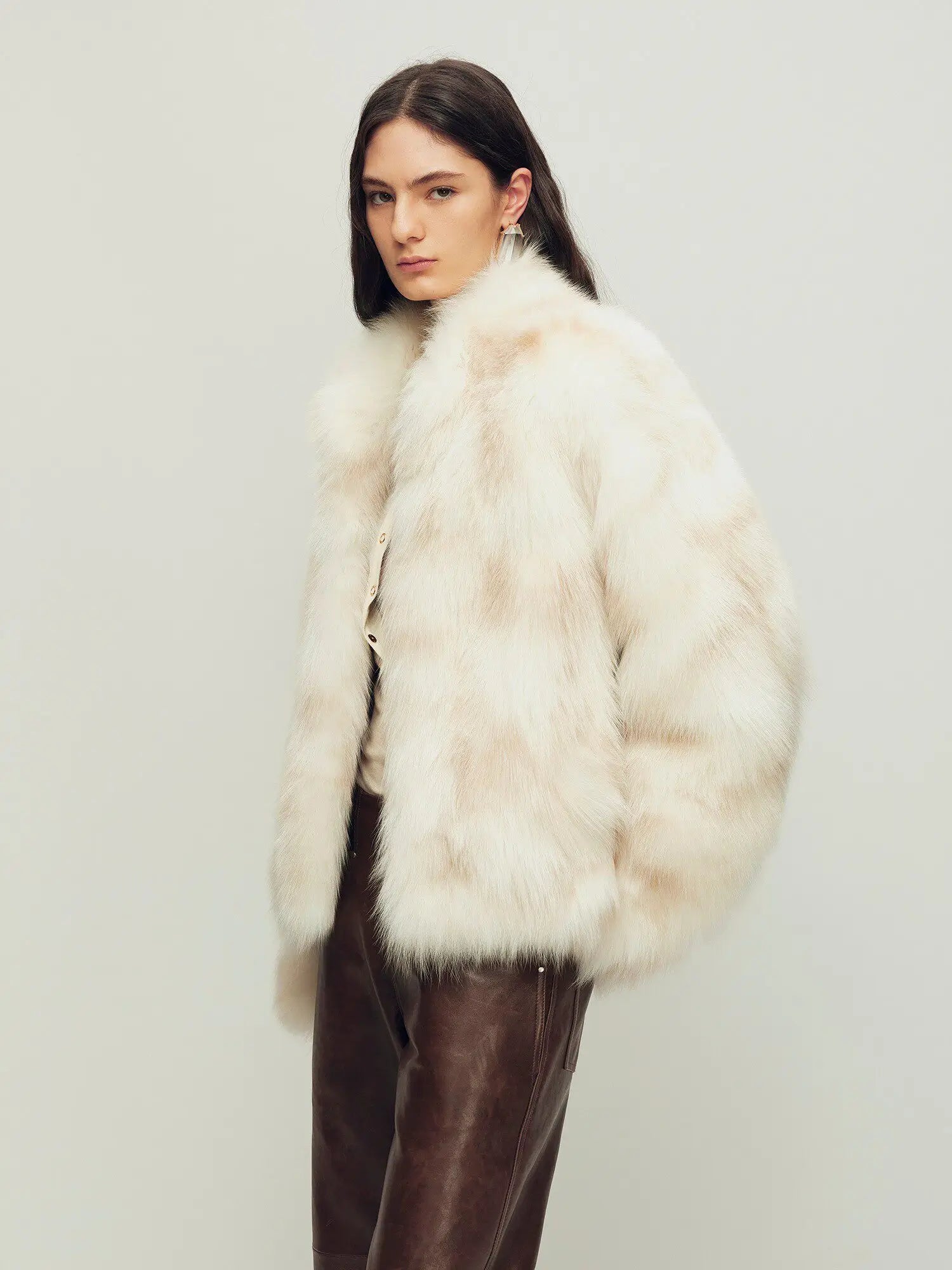 Polar Snow Casual Handmade Swoosh Printed Stand Up Lapel Fox Fur Coat