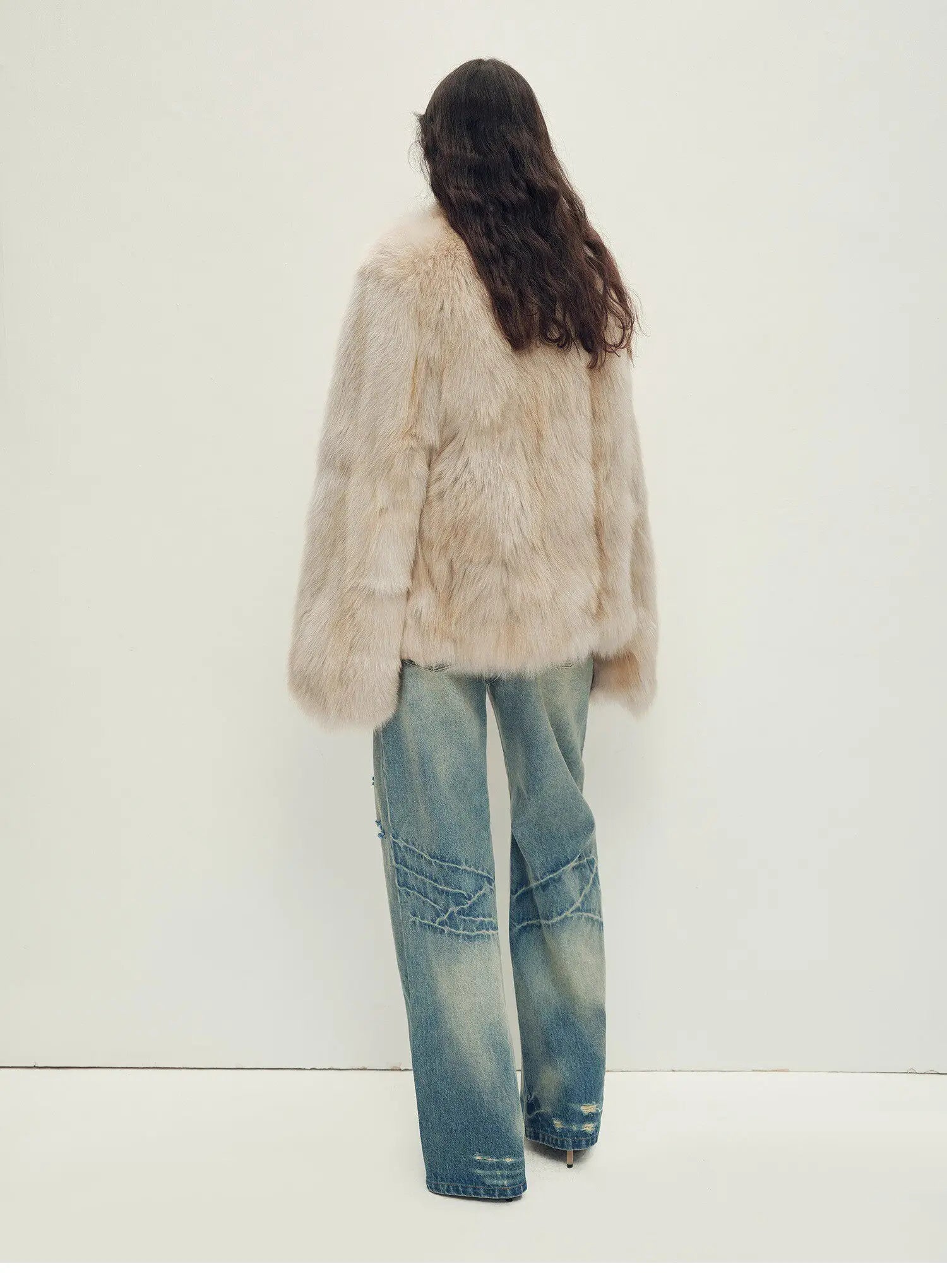 Polar Snow Casual Handmade Swoosh Printed Stand Up Lapel Fox Fur Coat