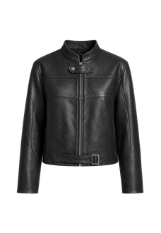 Caramel Mountain black stand collar sheepskin motorcycle jacket product cutout